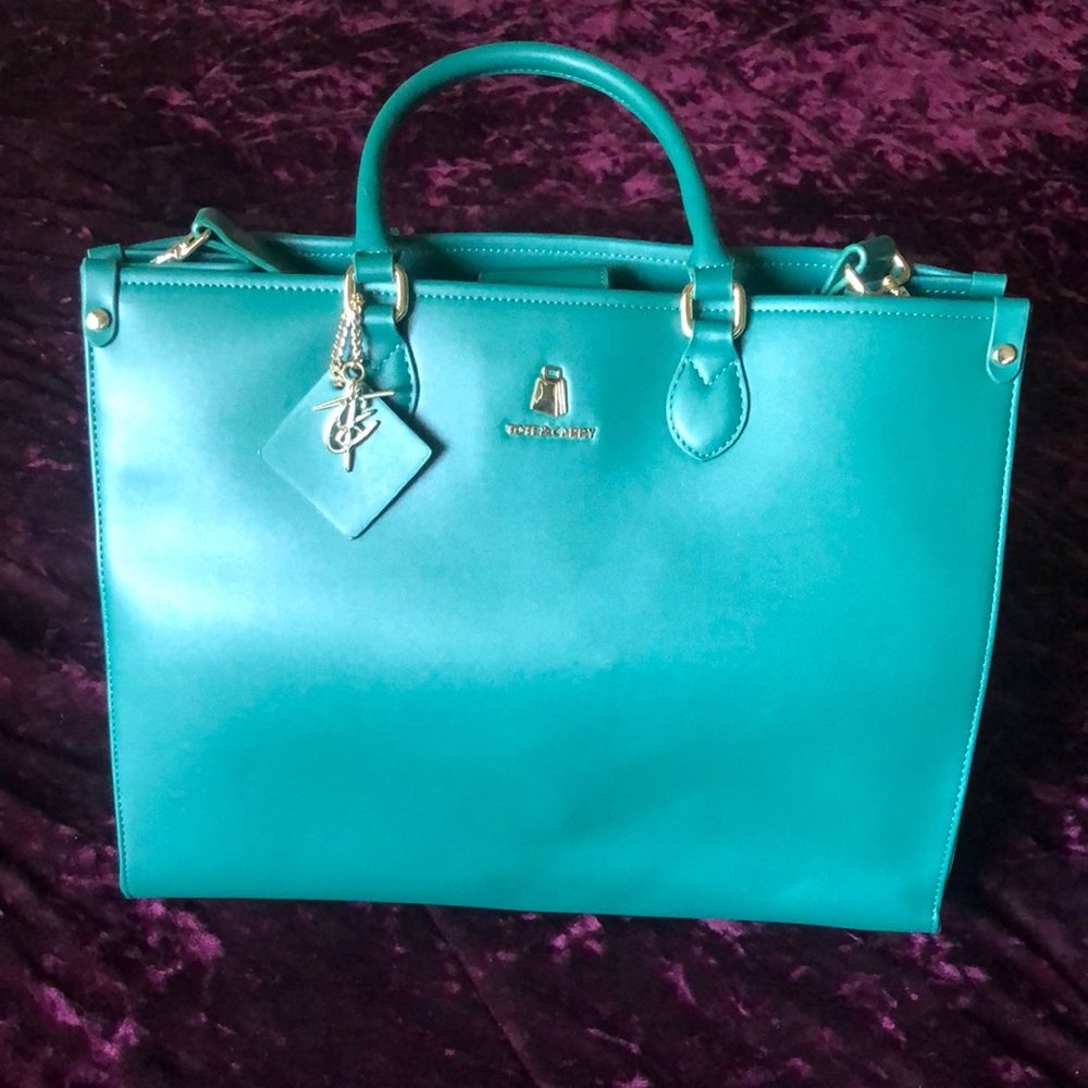 Green Leather Tote Bag with Glossy Finish